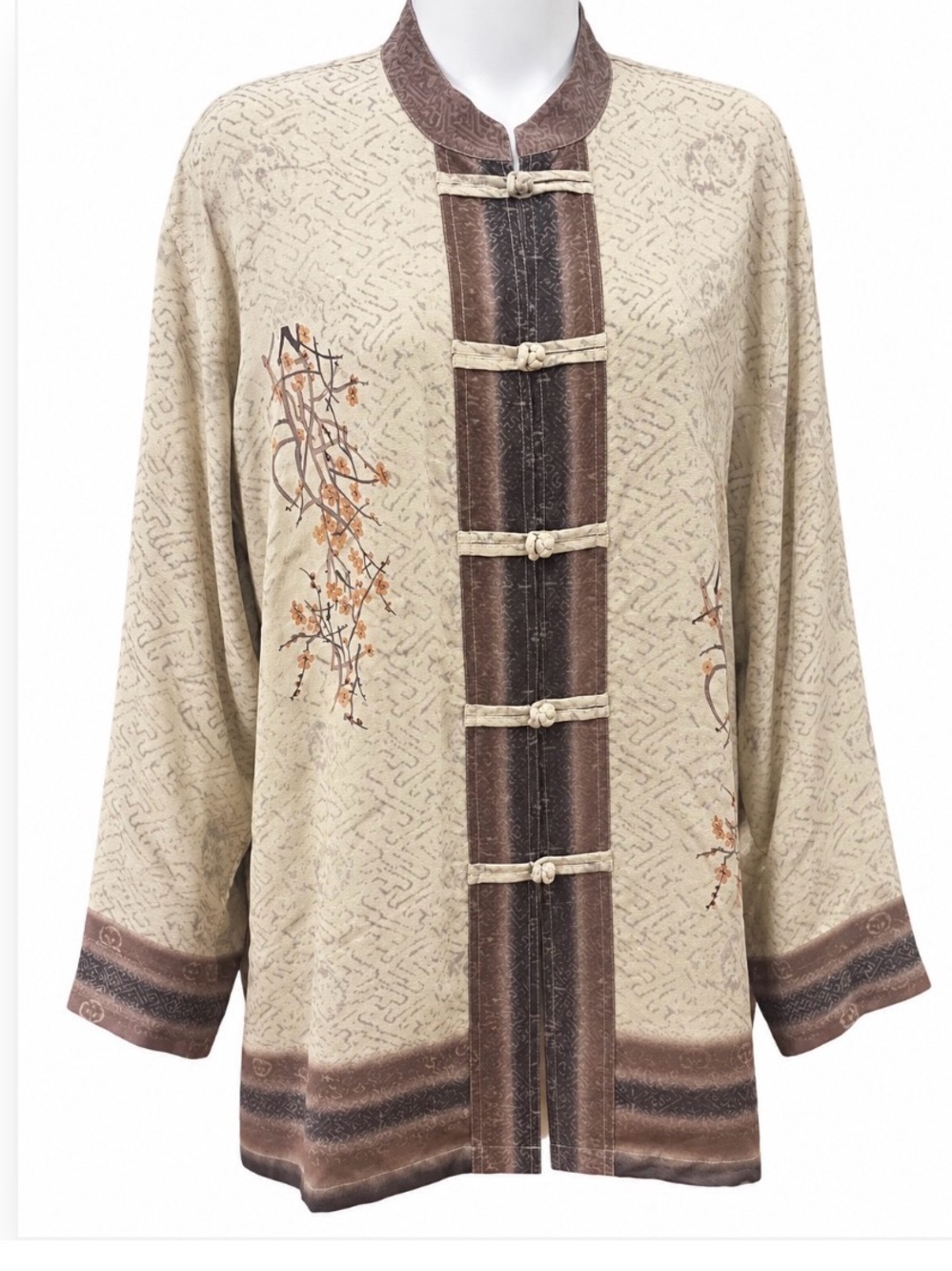 Vintage Chico's 100% silk Beige and Brown Mandarin Collar Tunic coat